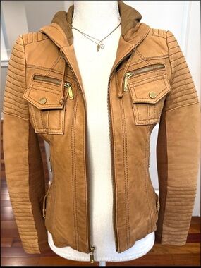 MICHAEL KORS LEATHER HOODIE BIKER TRUCKER JACKET 2K BOHO SOFT NUBUCK  POCKETS XS